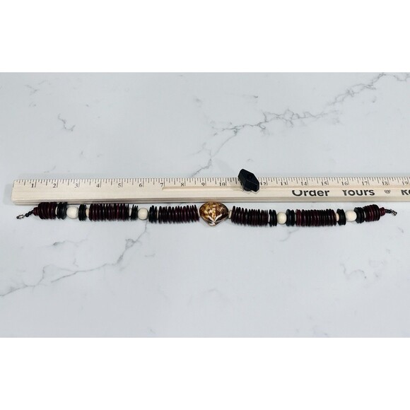 Vintage Shell Pendant Necklace Statement Red Black Wood Disc Beads Boho 18" - Picture 4 of 8